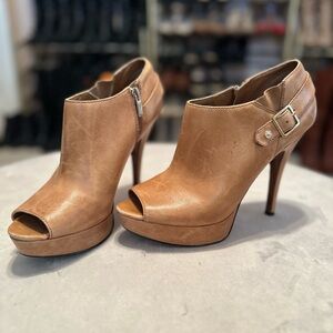Enzo Angiolini Tan High Heel Booties with Peep-Toe